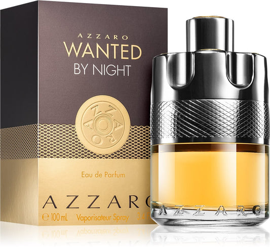 Shop Azzaro Wanted By Night Eau de Parfum 100ml for Men, a bold spicy woody fragrance with cinnamon, tobacco, vanilla, and woody notes. A long-lasting luxury scent for evening wear and special occasions.
